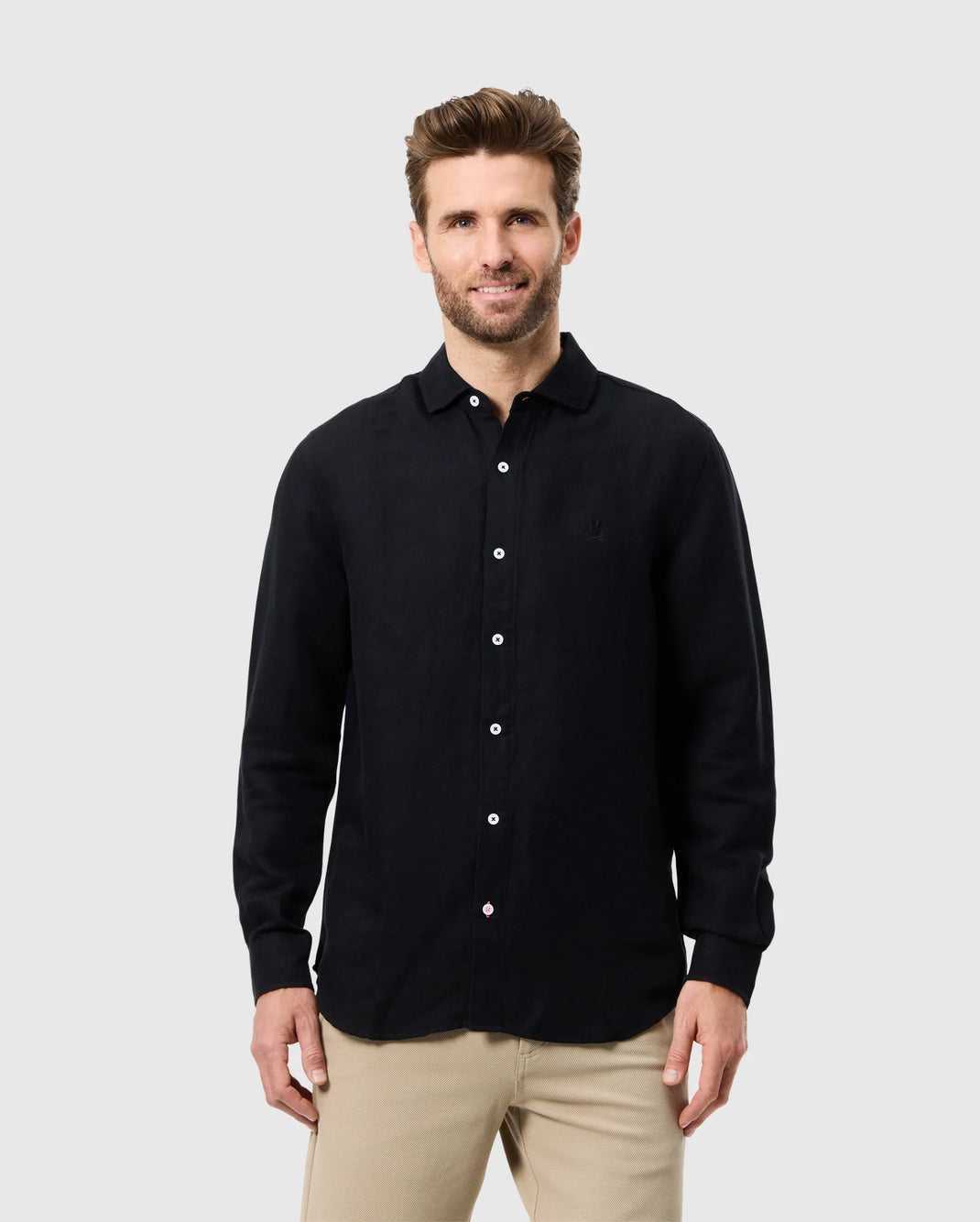 Chemises Psycho Bunny Cameron Linen Long Sleeve Shirt Noir Homme | AOL-58652464